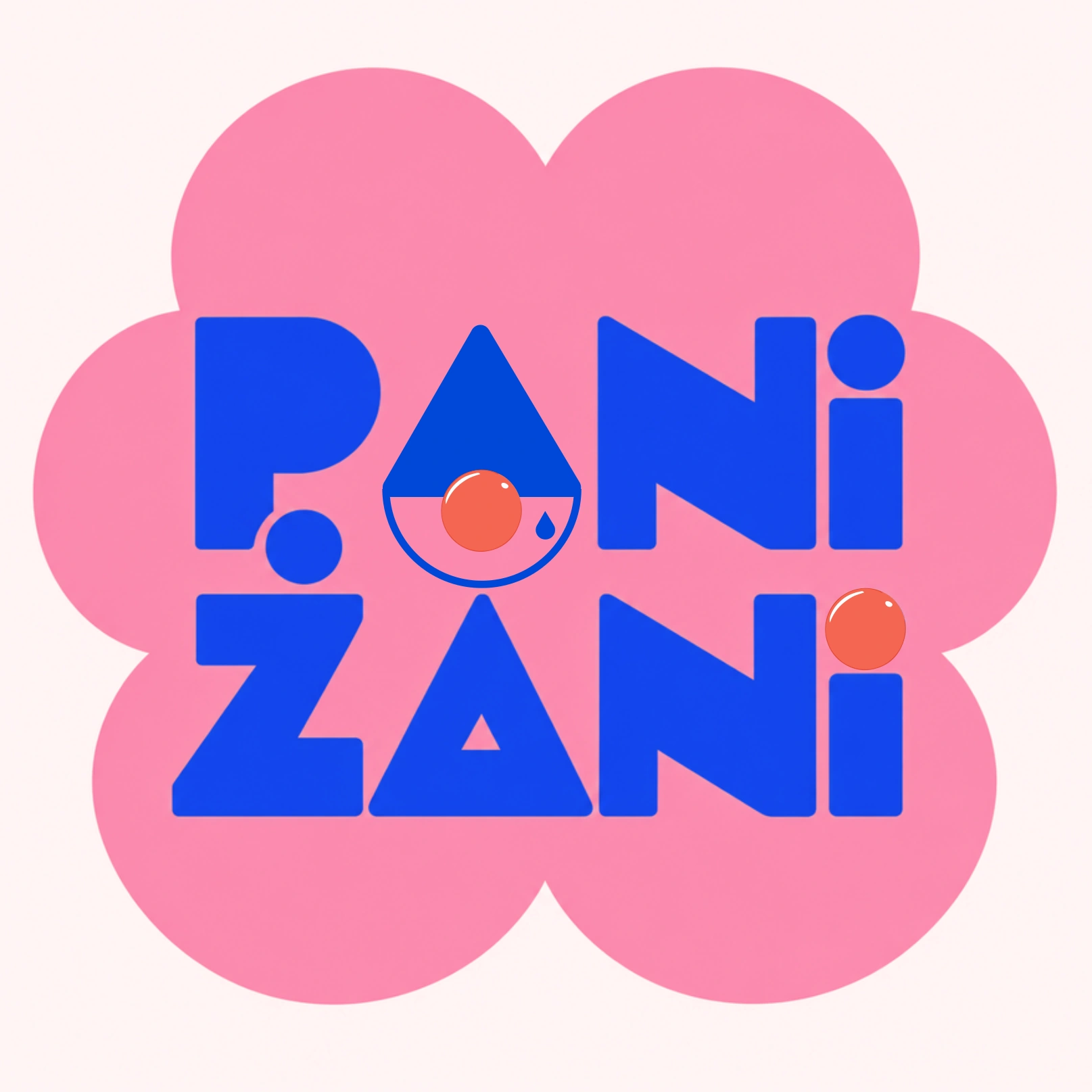 Logo Pani Żani: niebieski napis na różowym kwiecie z motywem łzy i klauna